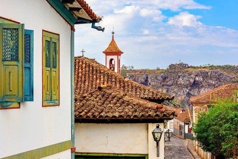 Street in the city of Diamantina with its colonial-style houses and colorful balconies with the