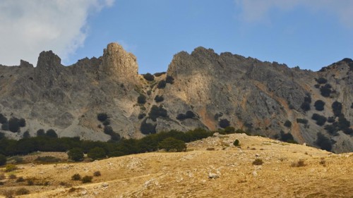Bizarre mountain range, light and shade, trees, bare mountainside, Madonie National Park, autumn,