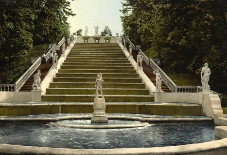 Golden Peterhof Staircase, St. Petersburg, Russia, c. 1890, Historic, digitally enhanced