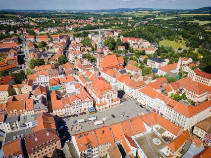 Aerial view of Löbau city centre. Löbau is a large district town in the district of Görlitz in