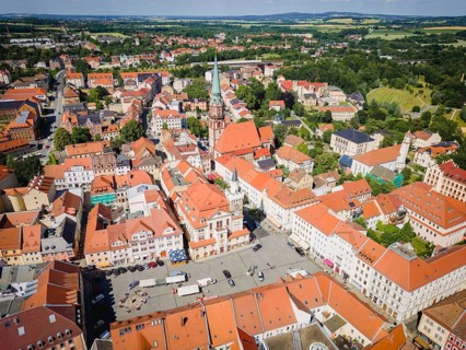 Aerial view of Löbau city centre. Löbau is a large district town in the district of Görlitz in