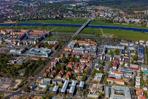 Johannstadt University Hospital, with Waldschlösschen Bridge