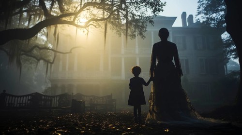 Eerie haunting ghostly silhouetted female and child figures walking in front of a foggy southern