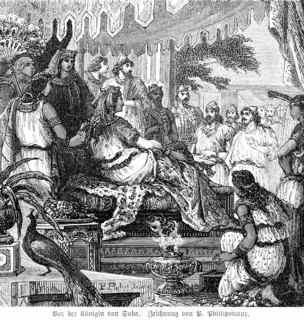 The Queen of Sheba, palace, throne, courtiers, pomp, hall, couch, peacock, biblical figure,