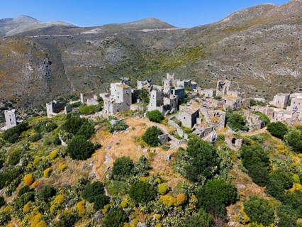 Drone shot, Vathia, Ithylo, Anatoliki Mani, Mani, Lakonia, Peloponnese, Greece, Europe