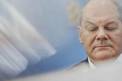 Olaf Scholz (SPD), Federal Chancellor, recorded at a federal press conference on current domestic