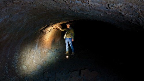 Lava Tunnels, Headlamps, Visitors, Etna, Volcano, Eastern Sicily, Sicily, Italy, Europe