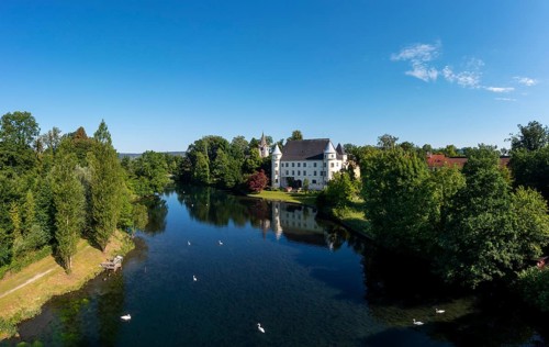 Drone shot, Renaissance castle, Hagenau Castle, Mattig estuary, Sankt Peter am Hart, Innviertel,