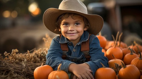 Happy young boy wearing cowboy hat sitting amongst the fall pumpkin harvest, generative AI