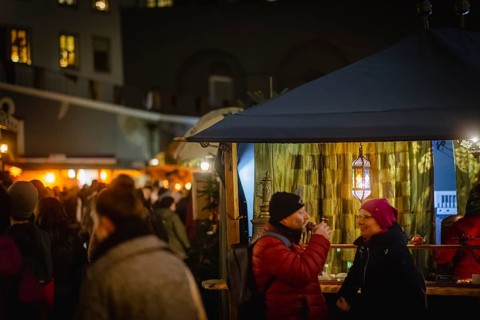 Medieval Christmas market in the stable yard of Dresden's Residenzschloss, a Renaissance knight's