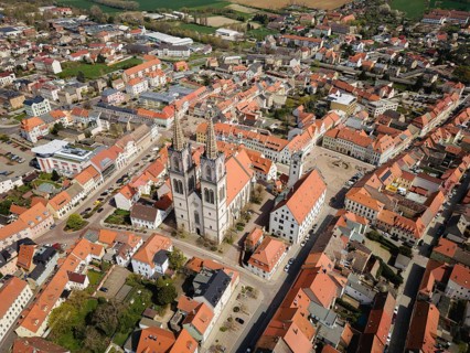 Oschatz in Central Saxony, St. Ägidien town church with Neumarkt and town hall