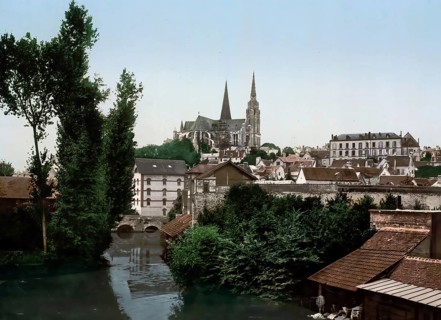 The Eure and the New Bridge, Chartres, France, c. 1890, Historic, digitally enhanced reproduction
