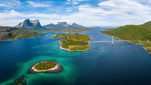 Fjord with islands in front of Bergen, Mount Stortinden, bridge over Kjerringstraumen, Efjord,