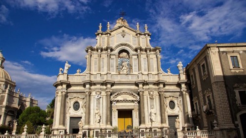 Portal, Front, Cathedral, Catania, Old Town, Baroque Old Town, Blue Sky, White Clouds, East Coast,