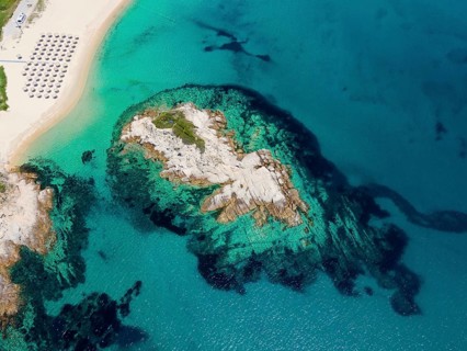 Aerial view, rocks and beach, Kalamitsi, Sithonia, Chalkidiki, Central Macedonia, Greece, Europe