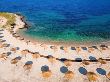 Aerial view, sunshades, Ema beach, Toroni, Torone, Sithonia, Chalkidiki, Central Macedonia, Greece,
