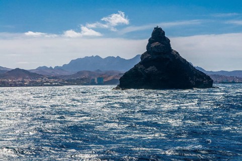 Small lighthouse on island in sea. San Vincente. Mindelo. Cabo Verde. Africa