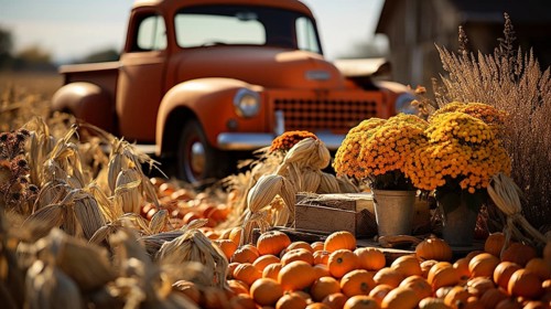 Pumpkin harvest fall themed decorations and classic truck, generative AI