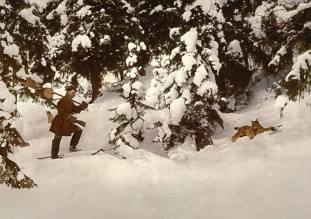 Hunter finds a lynx caught in a beating trap, Russia, c. 1890, Historic, digitally enhanced