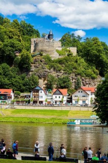 Rathen in Saxon Switzerland, queue for the ferry across the Elbe River