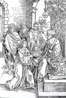 Llustration to Opera Hrosvitae, Conrad Celtes presents his edition of the Roswitha Comedies to