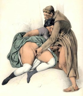 Monk playing erotically with a woman, Sex, Masturbation, c. 1850, erotic watercolour by Peter