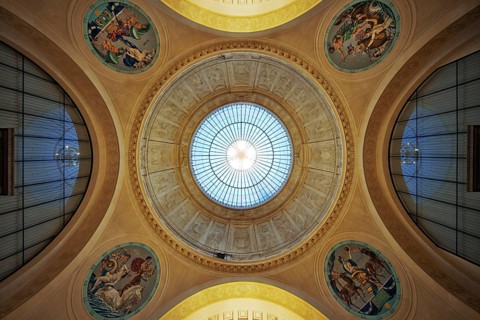 View up to the glass dome above the foyer in the spa hotel and Casino in the evening, Wiesbaden,