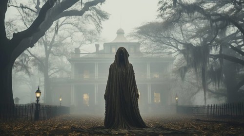 Eerie haunting ghostly female figure walking in front of a foggy southern plantation antebellum