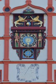 Gable of the Old Town Hall with clock, lion figures and sundial, detail, old, Plauen, Altmarkt,