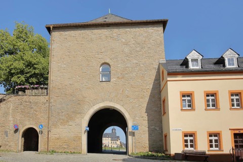 Zschopau Gate built 1561 and town fortification with view to the district court, Marienberg,