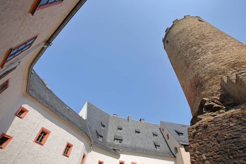 Inner courtyard of Scharfenstein Castle with view upwards, perspective, tower, Drebach, Erzgebirge,