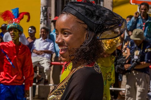 Colourful costumed, pretty woman. Carnival. Mindelo. Cabo Verde. Africa