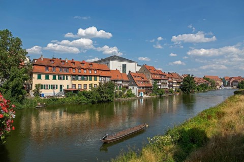 Houses, Boat, Little Venice, Regnitz, Bamberg, Upper Franconia, Bavaria, Germany, Europe