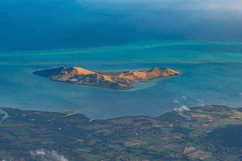 Aerial of little islets of the coast of Viti Levu, Fiji, South Pacific, Oceania
