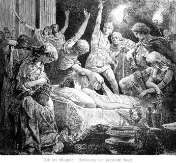 Death of Virginia, ancient Rome, Virginius, Appius Claudius, death, dagger, murder, bed,