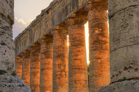 Evening light, Doric temple, detail, backlit columns, Segesta, Ancient site, Archaeological site,