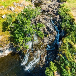 Eas Fors Waterfall from a drone, Isle of Mull, Scottish Inner Hebrides, Scotland, UK