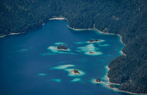 Detailed view of islands and forest at the Eibsee lake, Bavaria, Germany, Europe