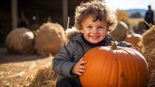 Happy young girl showing off her large ripe fall pumpkin at the pumpkin patch, generative AI
