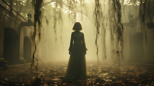 Ghostly female figure silhouette standing or walking amidst the spooky halloween fog outside,