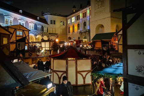 Medieval Christmas market in the stable yard of Dresden's Residenzschloss, a Renaissance knight's