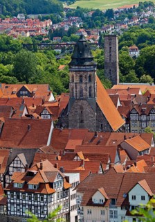 Town view from an elevated viewpoint with the church of St. Blasius, Hann. Münden or Hannoversch