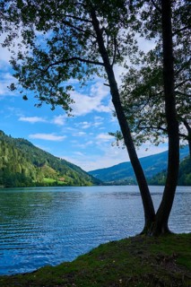 Alpine lake, tree, sky, clouds, summer, Afritz am See, Villach, Carinthia, Austria, Europe