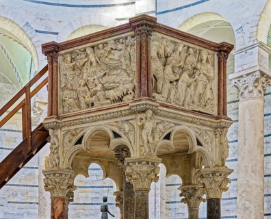 Detail of marble pulpit with Nativity of Jesus and Adoration of the Magi, Hercules, sculptor Nicola
