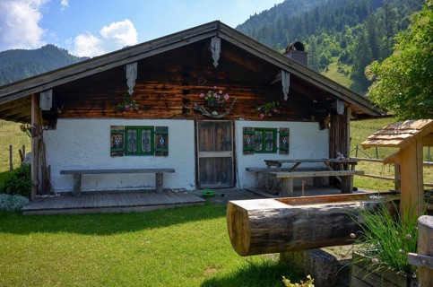 Detailed view of an idyllic alpine hut with well on the Rötelmoosalm, Chiemgau, Bavaria, Germany,