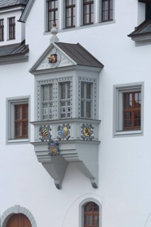 Ornate bay window on the town hall, Obermarkt, Freiberg, Saxony, Germany, Europe
