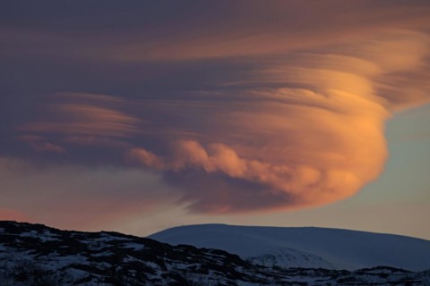 Lenticular clouds, Altocumulus lenticularis in winter in Norway