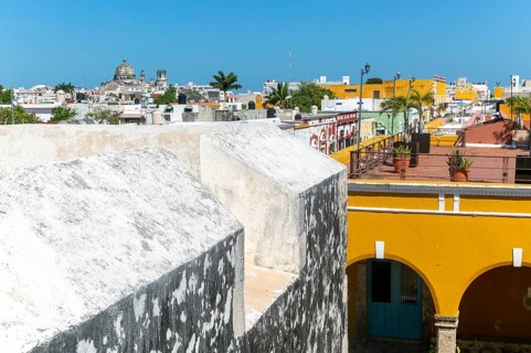 View from city wall over Spanish colonial buildings in the old city of Campeche, Campeche State,