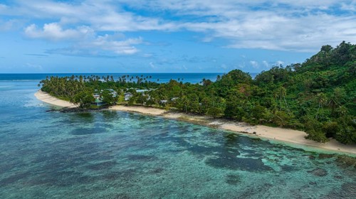 Aerial of the Lavena peninsula, Bouma National Park, Taveuni, Fiji, South Pacific, Oceania