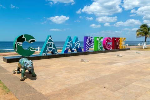 Colourful letters spelling name of Campeche city, Campeche State, Mexico on the Malecon seafront